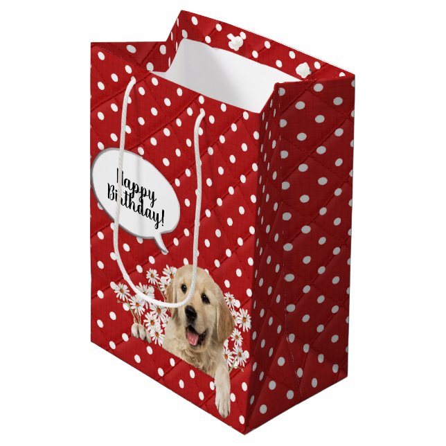 Golden Retriever in daisies on polka dots Medium Gift Bag (Front Angled)