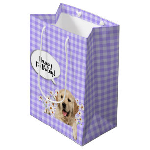 Golden Retriever in daisies on purple gingham Medium Gift Bag
