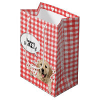 Golden Retriever in daisies on red gingham