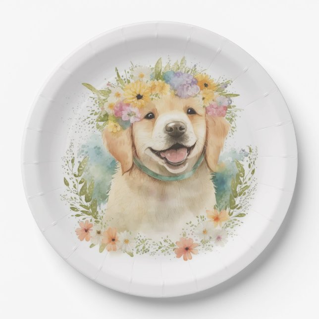 Golden Retriever In Floral Laurel Wreath   Paper Plate (Front)