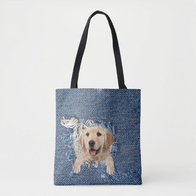Golden Retriever in frayed blue denim hole Tote Bag (Front)