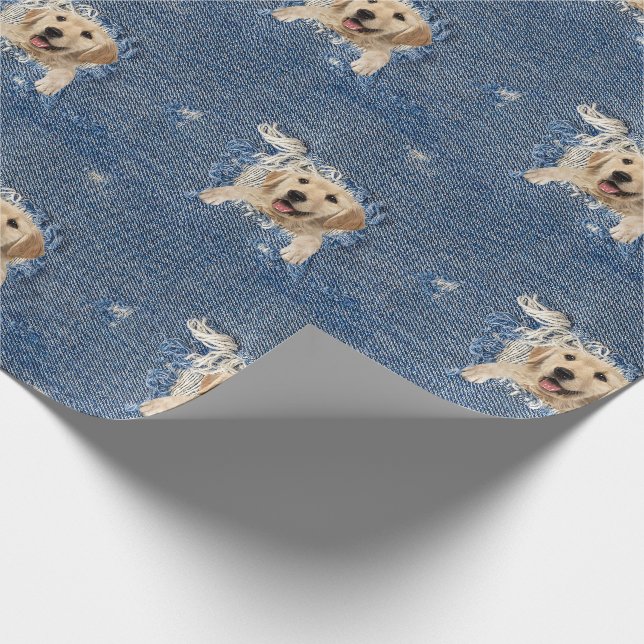 Golden retriever in frayed blue jean hole wrapping paper (Corner)