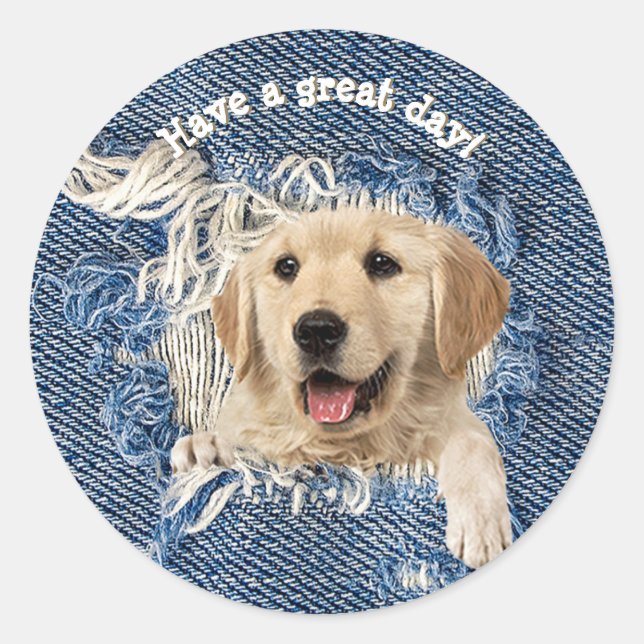 golden retriever in frayed denim hole classic round sticker (Front)