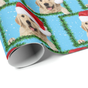 Golden Retriever in green tinsel frame Wrapping Paper