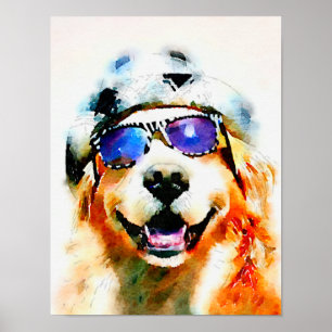 Golden Retriever in Hat and Sunglasses Watercolor Poster