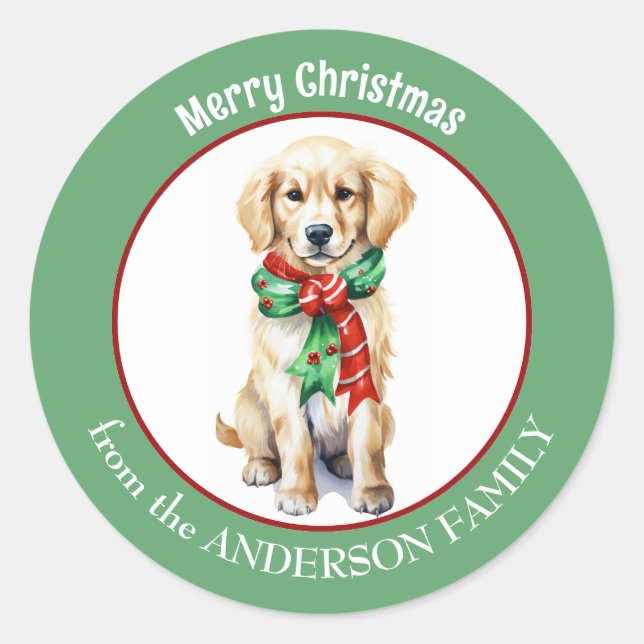 Golden Retriever in Red and Green Christmas Scarf Classic Round Sticker (Front)