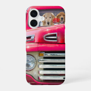 golden retriever in red retro truck iPhone 16 case