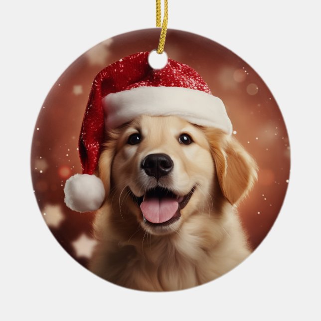 Golden Retriever in Santa Hat Ceramic Tree Decoration (Front)