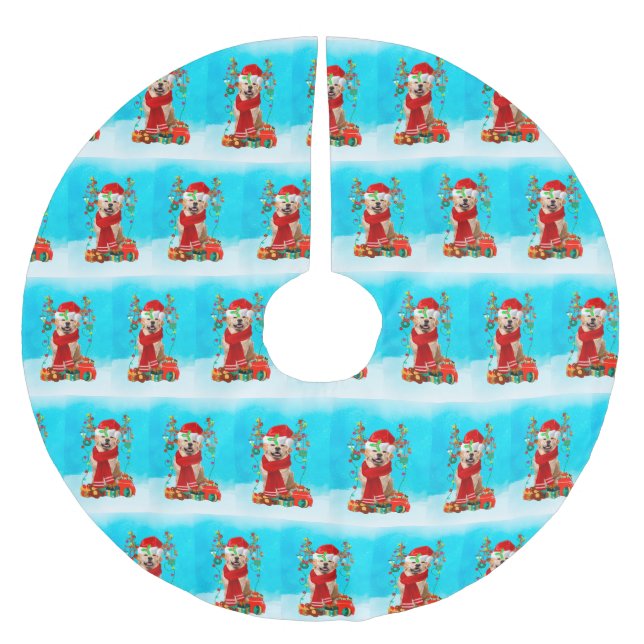Golden Retriever in snow with Christmas gifts Brushed Polyester Tree Skirt (Front)