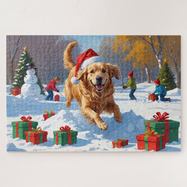 Golden Retriever in Snow with Christmas Hat Jigsaw Puzzle (Horizontal)