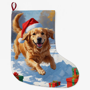 Golden Retriever in Snow with Christmas Hat Large Christmas Stocking