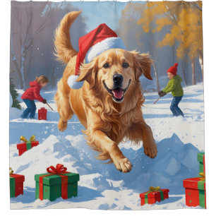Golden Retriever in Snow with Christmas Hat Shower Curtain