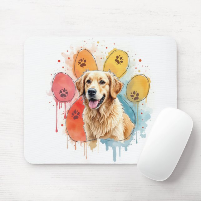 Golden Retriever in Watercolor Paw Print Mouse Pad (With Mouse)