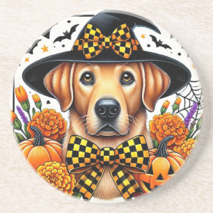 Golden Retriever in Witch Hat by Pumpkins Coaster