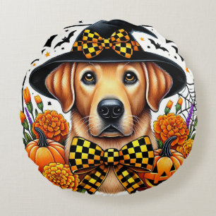 Golden Retriever in Witch Hat by Pumpkins Round Cushion