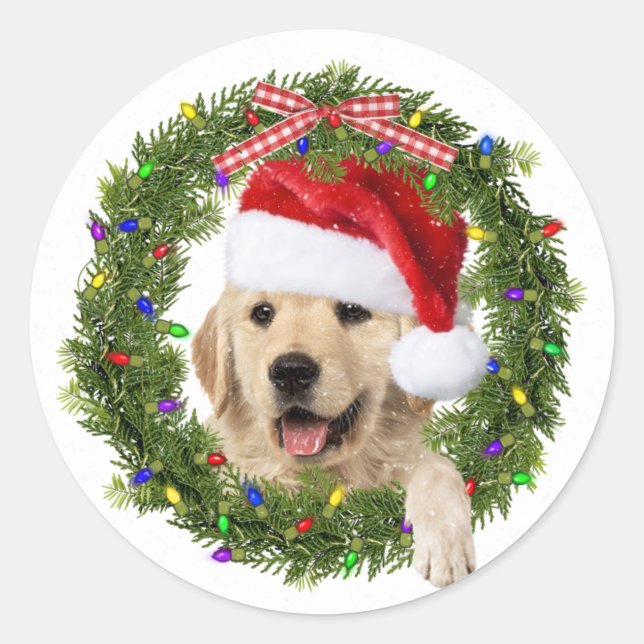 Golden Retriever in wreath with Christmas hat Classic Round Sticker (Front)