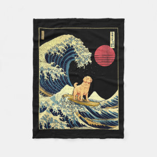 Golden Retriever Japanese Kanagawa Wave Funny Surf Fleece Blanket