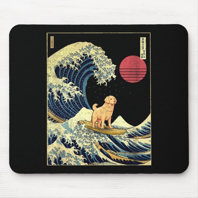 Golden Retriever Japanese Kanagawa Wave Funny Surf Mouse Pad (Front)