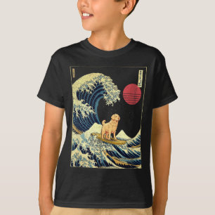 Golden Retriever Japanese Kanagawa Wave Funny Surf T-Shirt