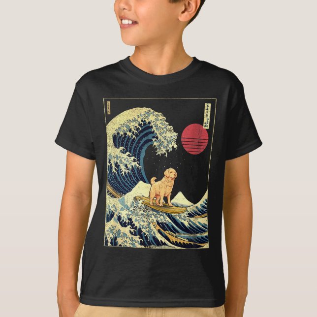 Golden Retriever Japanese Kanagawa Wave Funny Surf T-Shirt (Front)