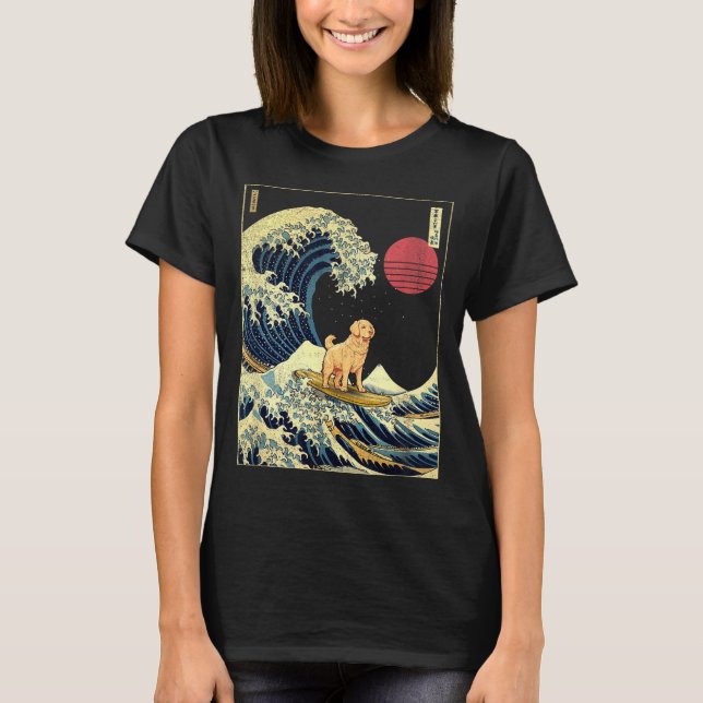 Golden Retriever Japanese Kanagawa Wave Funny Surf T-Shirt (Front)