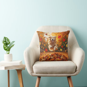Golden Retriever Jumping In Autumn Leaf Pile Cushion