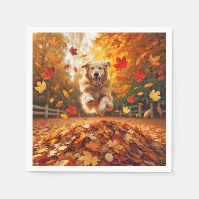 Golden Retriever Jumping In Leaf Pile Napkin (Front)