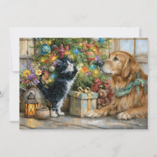 Golden Retriever Kitten Christmas Tree Holiday Card