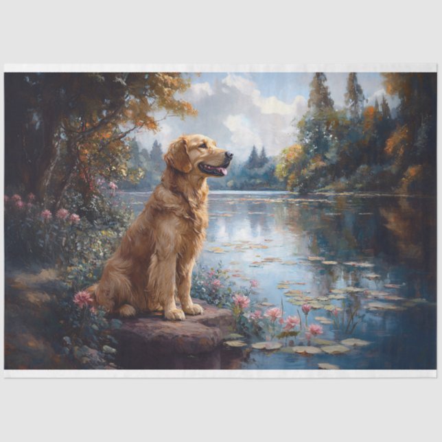Golden Retriever Lake Lily Pads Decoupage Tissue Paper (Front)