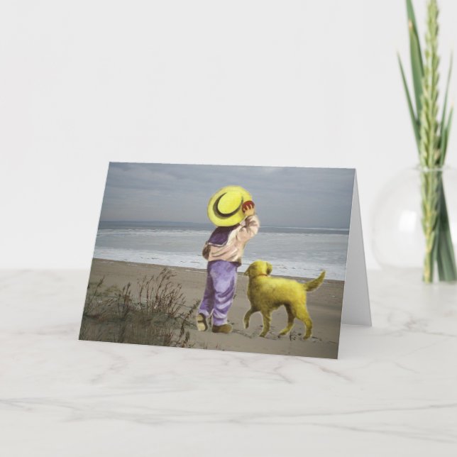 Golden Retriever Little Boy On Beach Greeting Card (Front)