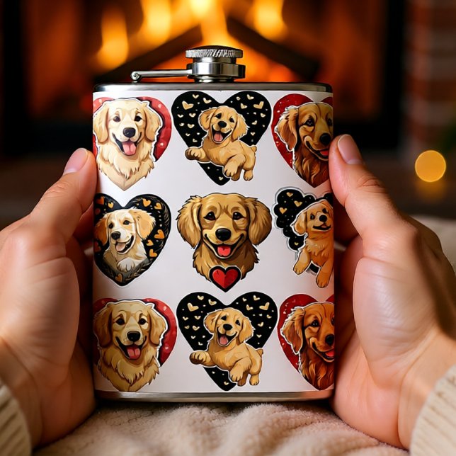 Golden Retriever Love Hearts Valentine Hip Flask (Golden Retriever Love Hearts Valentine Flask)