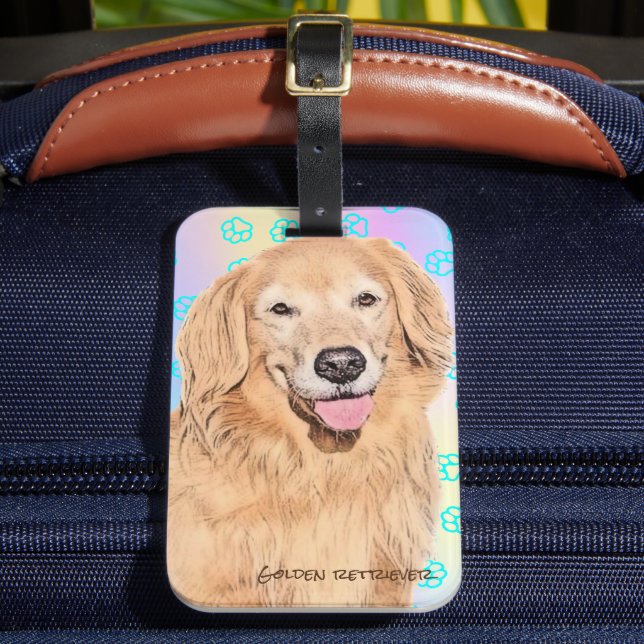 Golden retriever luggage tag with paw print (Front Insitu 2)
