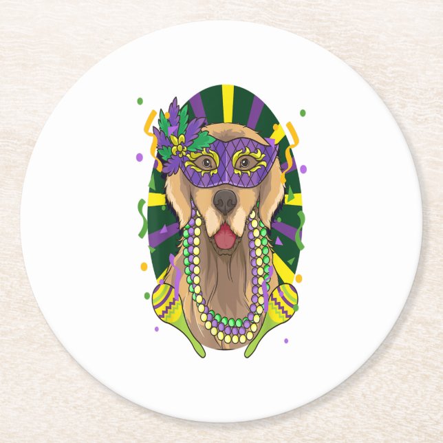 Golden Retriever Mardi Gras Dog Round Paper Coaster (Front)