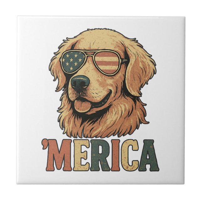Golden Retriever 'Merica Sunglasses Tile (Front)