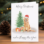 Golden Retriever Merry Christmas Santa Dog Holiday Card<br><div class="desc">Send christmas greetings this holiday season with this Merry Christmas golden retriever santa dog holiday card, and matching decor. This golden retriever holiday card features a watercolor dog in a santa hat and tree. Personalise with message and family name . This golden retriever christmas card will be a favourite among...</div>