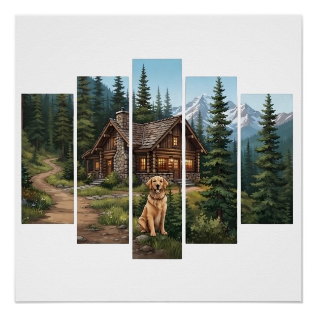 Golden Retriever Mountain Cabin  Poster (Front)