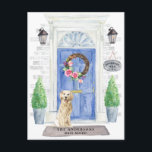 Golden Retriever Moving Announcement Postcard<br><div class="desc">Announce your new address with our stylish announcement featuring a Golden Retriever,  blue front door,  welcome mat,  slate sign,  topiaries and a floral wreath set on a grey brick background.</div>