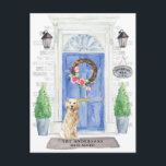 Golden Retriever Moving Announcement Postcard<br><div class="desc">Announce your new address with our stylish announcement featuring a Golden Retriever,  blue front door,  welcome mat,  slate sign,  topiaries and a floral wreath set on a grey brick background.</div>