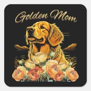 Golden Retriever Mum Floral Boho Chic Dog Portrait Square Sticker