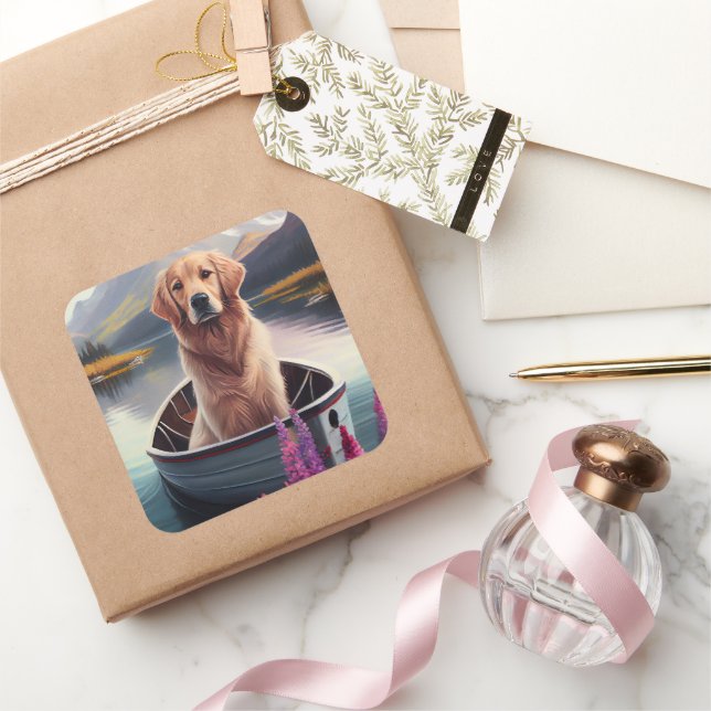 Golden Retriever on a Paddle: A Scenic Adventure Square Sticker (Gifting)