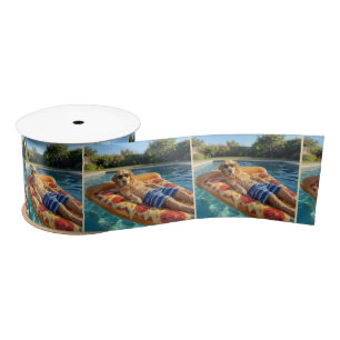 Golden Retriever on a Pizza Slice Pool Float Satin Ribbon