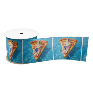 Golden Retriever on a Pizza Slice Pool Float Satin Ribbon