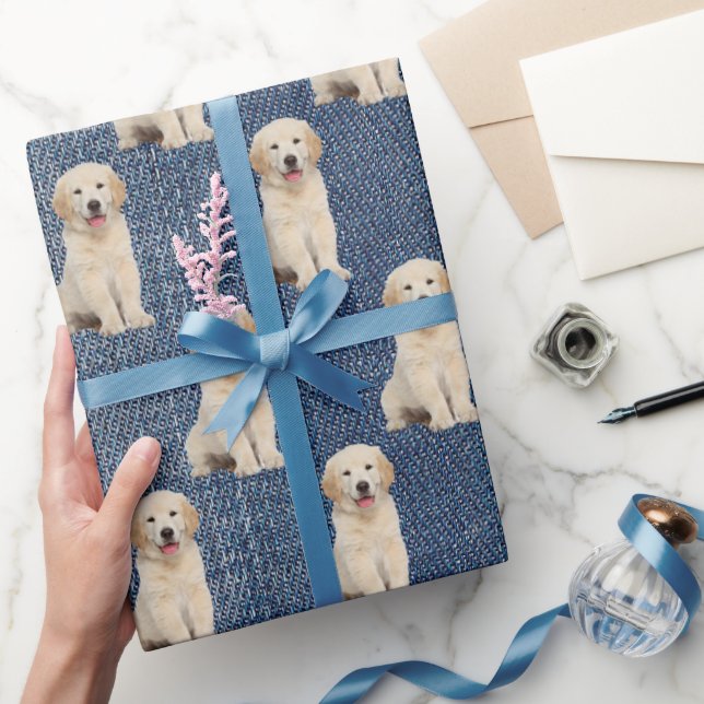 Golden Retriever on Blue Jean Denim Wrapping Paper (Gifting)