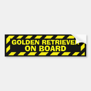 Golden Retriever on board yellow caution sticker