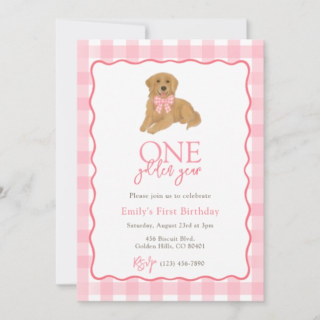 Golden Retriever One Golden Year Girls Birthday Invitation (Front)