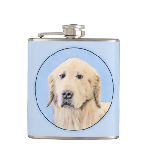 Golden Retriever Painting - Cute Original Dog Art Hip Flask