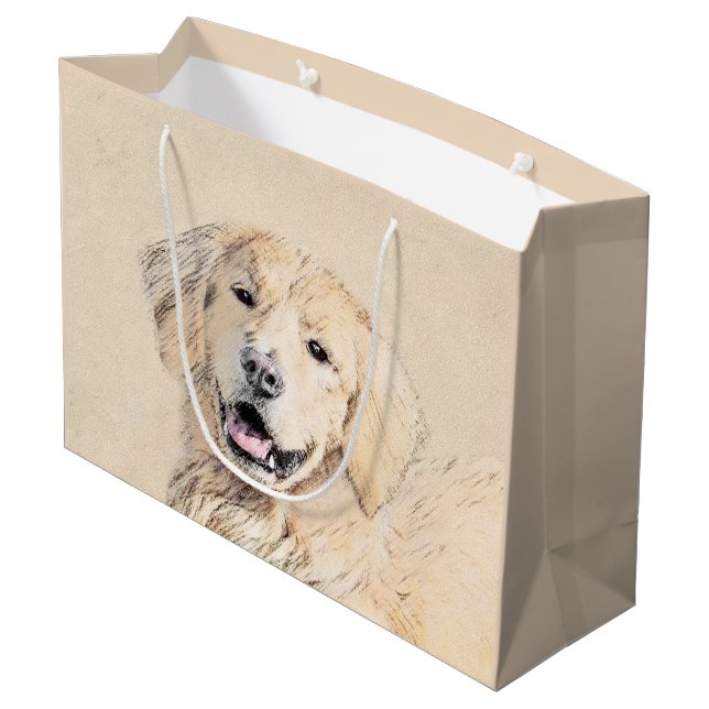 Golden Retriever Painting - Cute Original Dog Art Large Gift Bag (Back Angled)