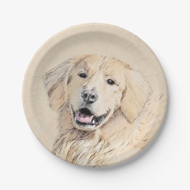 Golden Retriever Painting - Cute Original Dog Art Paper Plate (Front)