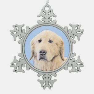Golden Retriever Painting - Cute Original Dog Art Snowflake Pewter Christmas Ornament