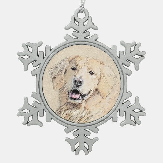 Golden Retriever Painting - Cute Original Dog Art Snowflake Pewter Christmas Ornament (Front)